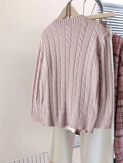 SHEIN Clasi 1 件女士加大码纯色刺绣图案落肩长袖麻花针织优雅开衫
