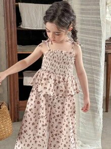 LMoss Kids LMoss 年轻女孩印花褶皱连体裤，夏季花卉秋季连体裤 - 彩色 - 查看 3