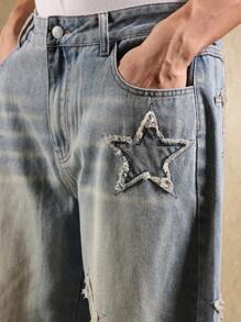 Calça Denim Larga Super Folgada da SUMWON com Bordado de Estrela, Caimento Solto, Moda Casual, Declaração de Estilo, Perna Larga, Streetwear, Festival, Concerto, Estética Moderna Grunge Y2K, Lisa - Azul - Visão 7