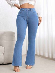 Flexra 加大码高腰修身喇叭腿水洗深蓝色牛仔裤 - 淺色水洗藍 - 查看 7