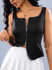 Hanevo 女式拉链合身休闲背心，黑色 - 黑色 - 查看 3