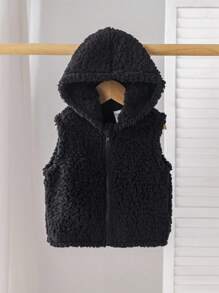 SHEIN Babygirl 可爱百搭黑色蓬松连帽背心外套，秋冬休闲装 - 黑色 - 查看 5