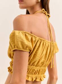 Nöista Butter Yellow Off-Shoulder Crop Top With Ruched Waist And Puff Sleeves. Perfect For 4th Of July Looks, And Cute Summer - Yellow - View 3
