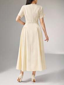 Heiryn V-Neck, Pleated, Waist Gathered Korean Style Commute Dress, Short Sleeve, Summer