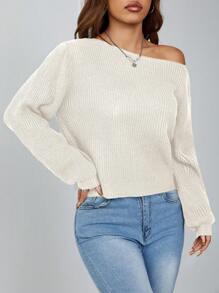 SHEIN PETITE 斜肩坑条纹套头衫女式毛衣 - 米色 - 查看 6