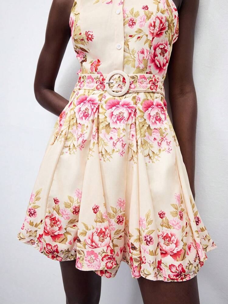SHEIN Maija Peony Floral Print Collared Sleeveless Elegant Short Dress For Women, Waist Belt Cinched Waist Flared Hem, Suitable For Holiday, Party, Beach, Autumn/Winter, Halloween,Fall Dresses For Women