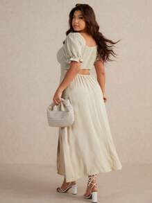Elaquor Plus Size Women Square Neck Short Sleeve Draped Back Dress, Apricot Color Casual Vacation Day Dress For Plus Size - Apricot - View 3