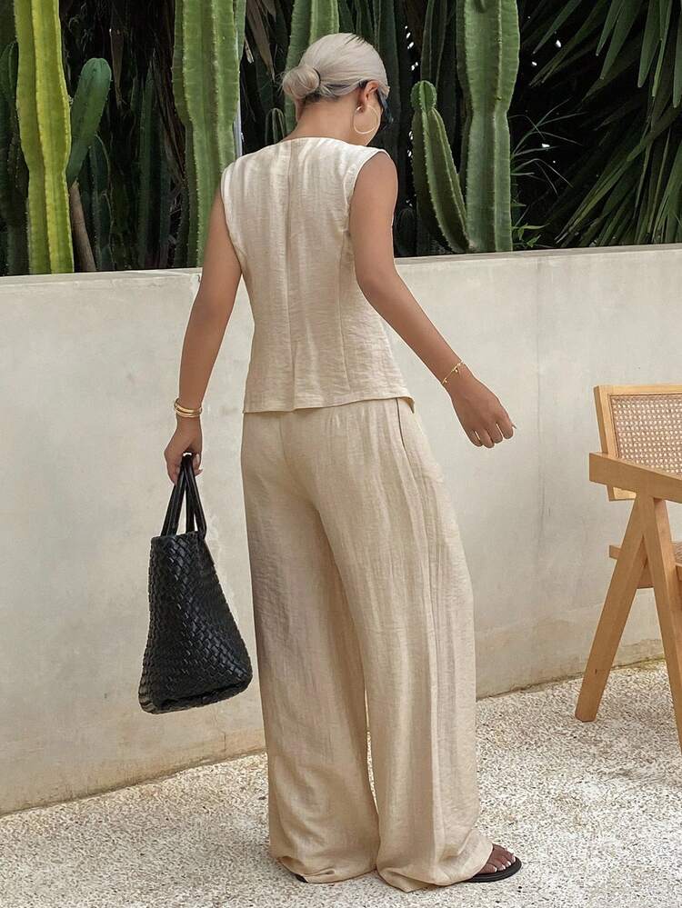 Women Summer V-Neck Short Sleeve Fitted Loose 2pcs Set (Top & Pants)