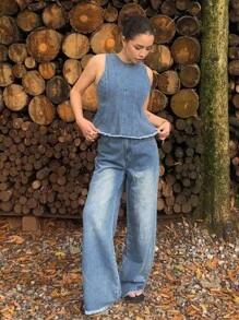 女式牛仔无袖上衣和阔腿牛仔裤套装，夏季 - 藍色 - 查看 7