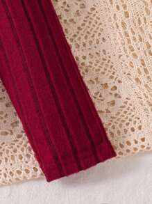 Sparklyn 2pcs/Set Tween GirlsElegant Jeweled Ribbed Fuzzy Crew Neck Puff Sleeve Top And Simple Knitted Long Pants Casual Outfits, Autumn/Winter Fall - Burgundy - View 5