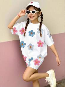 SHEIN Vintaside Kids 2 件套青少年女孩休闲时尚舒适简约可爱花卉印花短袖 T 恤和短裤套装，夏季 - 彩色 - 查看 3