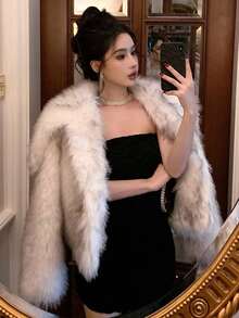 DAZY 女士翻领开襟人造毛皮外套，秋冬时尚女式外套 - 白色 - 查看 6