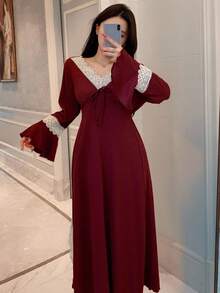 DAZY Charmantes Kontrast-Farben Spitzen-Stich gestricktes Taillenbund Weite Ärmel Lange Damen Nachthemd, Herbst Pyjama Weihnachten - Bordeaux - Übersicht 1