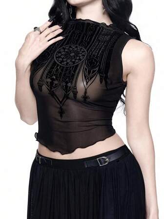 Goth Gothic Palace Sheer Velour Burn-Out Translucent Sexy Sleeveless Slim Waist Luxurious Party Blouse, Plus Size