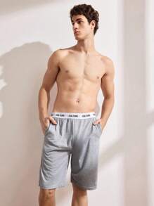 Men Contrast Letter Tape Sleep Shorts Sports - Light Grey - View 1