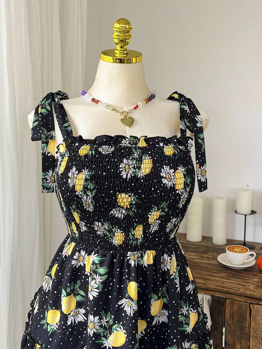 Comfortcana Vestido A-line casual de verano de talla grande con estampado de lunares y limones coloridos con lazo - Multicolor - Ver 1