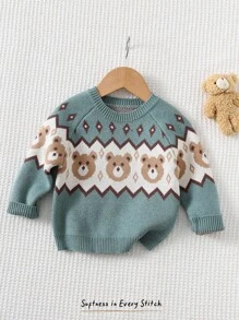 Cozy Pixies 男婴小熊几何图案圆领长袖套头毛衣，厚实柔软舒适休闲百搭 - 綠色 - 查看 6