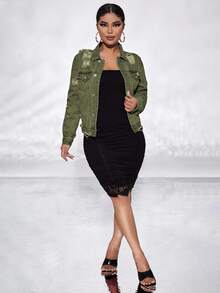 SHEIN SXY Vintage Casual Washed Ripped Denim Jacket - Olive Green - View 5