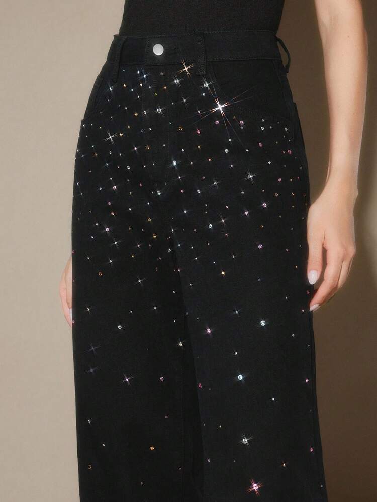 Women's Straight Leg Pants With Rhinestone Embellishment, Shiny Black