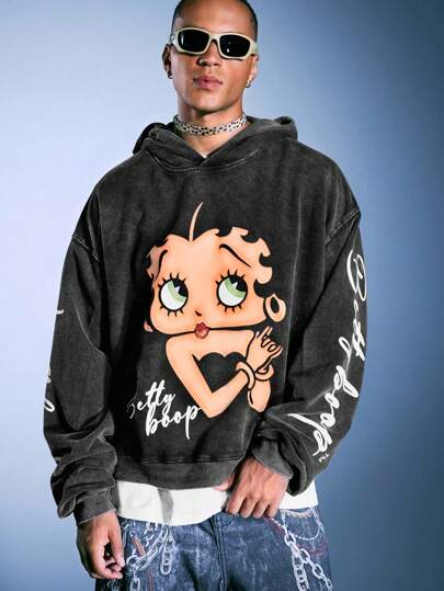 Betty Boop | ROMWE Men's Cartoon Figure Graphic Hoodie, Loose Cropped Fit