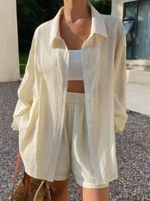 Livesso 女士亚麻休闲两件套，新款秋季系列女士家居服套装 - 黃色 - 查看 4