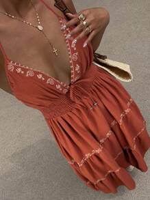 SHEIN EZwear Váy cổ yếm dệt Bohemian màu nâu gỉ sét dành cho nữ - Rỉ Nâu - Xem 1