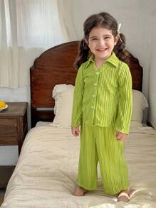 LMoss Kids 2 pièces Ensemble de chemise casual plissée en tissu unicolore et pantalon casual ample pour bébé fille - Vert - Voir 5