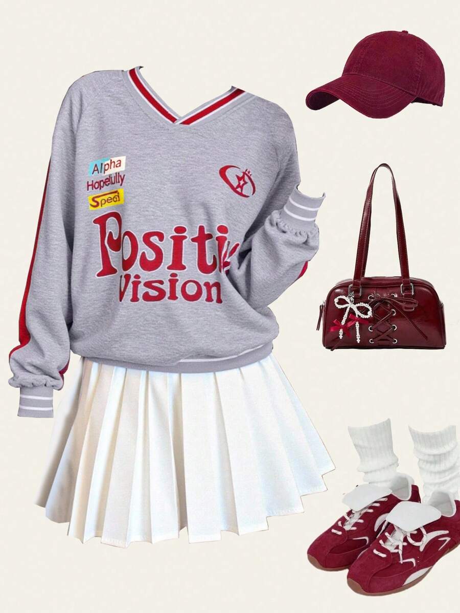 SHEIN Explorewe Streecool KIDS Teenager Girls Autumn/Winter Casual Comfortable Fashion Versatile Sweet Cool Sports Campus Style Design Simple Letter Print Patchwork Contrast Color Crew Neck Sweatshirt & Solid Color Pleated Skirt 2 Pieces Set