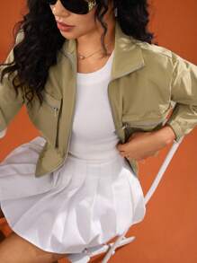 Hanevo 卡其色女式休闲夹克，带拉链口袋，长袖 - 卡其色 - 查看 5