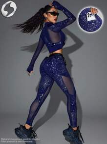 Innovista 星空网眼拼布紧身裤，柔软夜跑健身运动紧身裤高腰日常运动休闲瑜伽 HIIT 训练服办公室健身房高弹力紧身裤运动裤口袋裤舒适运动功能网眼面板透气剪裁