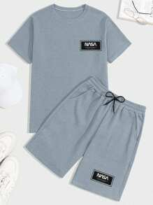 EURMUSE 100%Cotton Men Waffle Fabric Letter Printed Regular T-Shirt & Short Set - Baby Blue - View 1