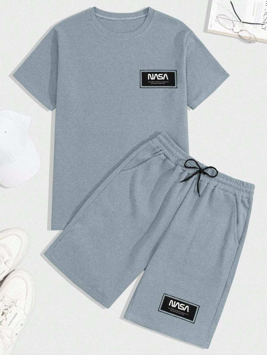 EURMUSE 100%Cotton Men Waffle Fabric Letter Printed Regular T-Shirt & Short Set - Baby Blue - View 1