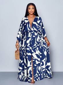 SOLERSUN 女士节日花卉印花 V 领长款优雅荷叶边袖荷叶边开叉大腿长裙，适合度假、约会和日常装扮 - 藏蓝色 - 查看 1