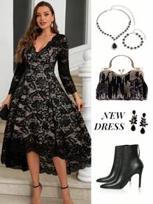 Gownix Curvy Plus Size Women's Lace V-Neck Spliced ​​Short Front And Long Back Romantic Elegant Long-Sleeved Long Dress, Suitable For Autumn And Winter, Guest Party Party Dress, Going Out,Holiday Dress,Christmas Party Dress ,Knit Dress,New Years Outfit - Black - View 1