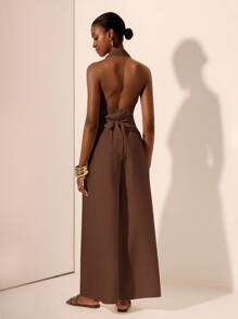 Zivah 2025 春夏新款音乐节、复活节、圣帕特里克节、西部风格、游牧风格、生日、毕业典礼、学院风、学生装、日常休闲、基本百搭、休闲、度假、邮轮旅行、海滩、日光浴、病毒式传播、街头风格、婚礼宾客波西米亚风、通勤、早午餐、机场装 - 杏色吊带交叉系带上衣和阔腿亚麻裤 2 件套 - 棕色 - 查看 6