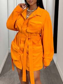 Slaydiva Áo khoác công sở/giải trí cổ điển kiểu phương Tây cổ điển thu đông 2025 mới, cỡ lớn dành cho nữ, tay dài, có cổ, vai trễ, nhiều túi, có thắt lưng, áo khoác tiện dụng màu cam mùa thu - trái cam - Xem 1