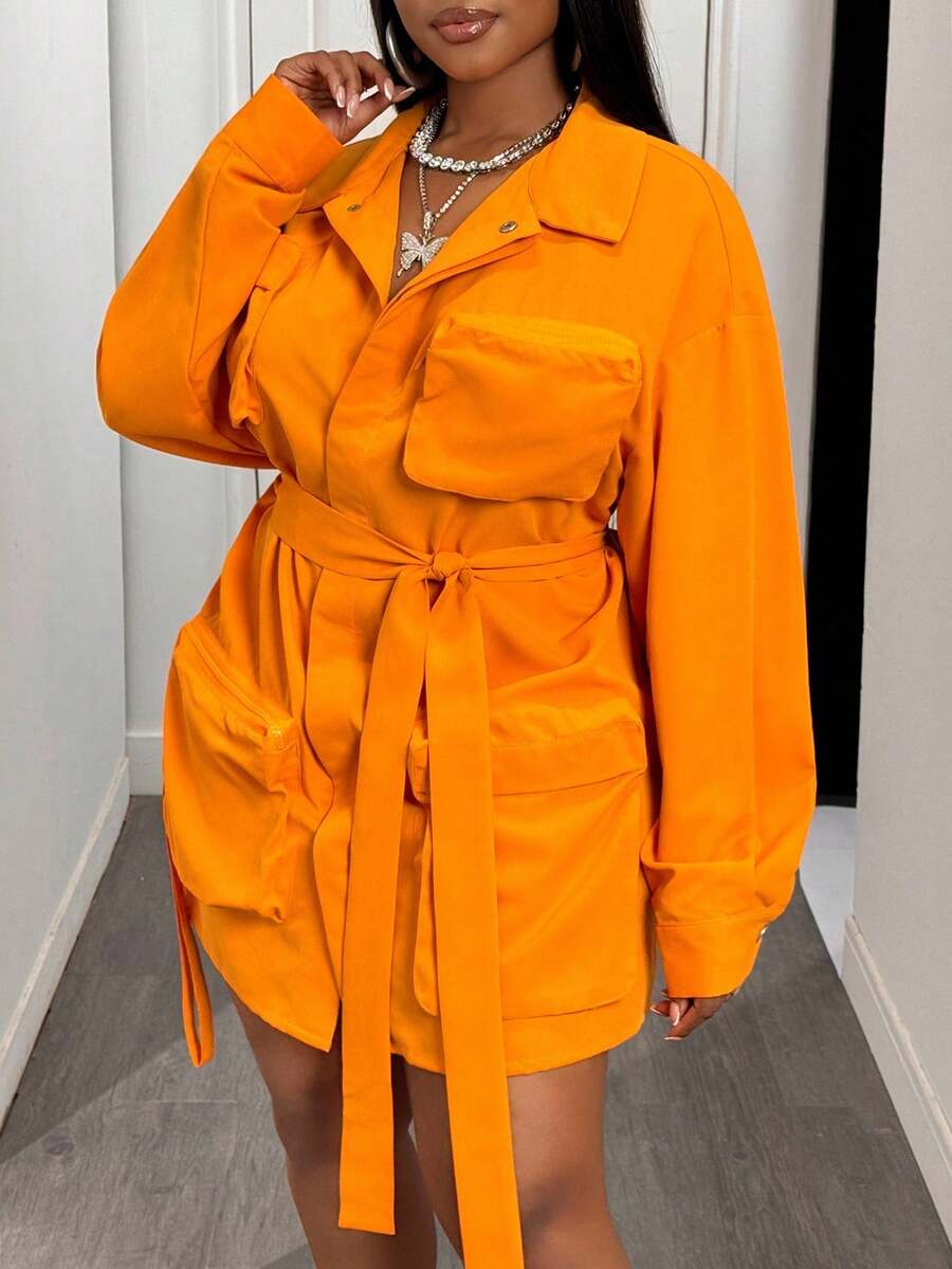 Slaydiva Áo khoác công sở/giải trí cổ điển kiểu phương Tây cổ điển thu đông 2025 mới, cỡ lớn dành cho nữ, tay dài, có cổ, vai trễ, nhiều túi, có thắt lưng, áo khoác tiện dụng màu cam mùa thu - trái cam - Xem 1