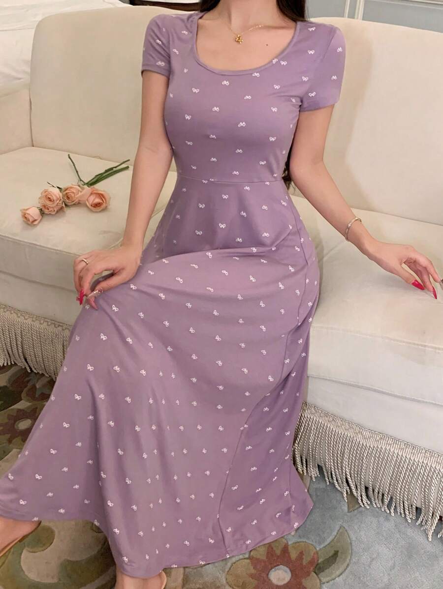 DAZY Bow Print Body-Fitted Short Sleeve Women Home Dress Pajama - Mauve Purple - View 1