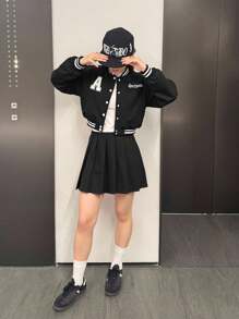 SHEIN Teens Girls Casual Letter Print Crop Baseball Jacket & A-Line Skirt 2-Piece Set, Comfortable & Simple - Black - View 8