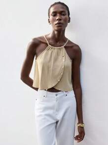 Maija Khaki,Summer,Casual,Vacation,Holiday 2025 Spring & Summer New Arrival Fashion Beaded Decor Women Tops,Boho Style Music Festival Beach Daily City - Camel - View 6