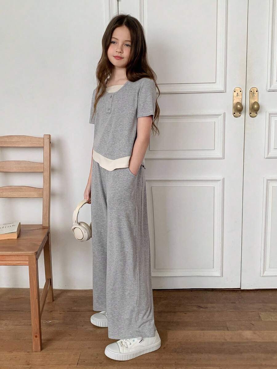 Bộ áo phông thường ngày cho bé gái tuổi teen - Xám - Xem 1