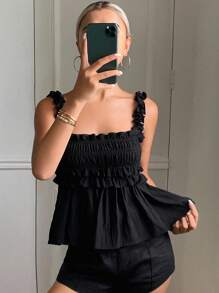 DAZY Damen einfarbiges figurbetontes Spitzen-Schnürung Schwarz Lässig Urlaubs-Trägertop, Ausgehen