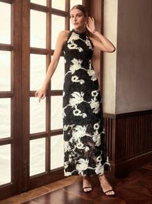 ZEYLAH 双色立体花朵蕾丝边开衩后背挂脖连衣裙 秋冬 - 黑色 - 查看 6