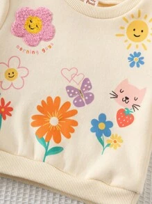 Cozy Pixies 女婴两件套柔软针织植物花卉图案圆领长袖毛衣上衣和松紧腰裤套装 - 杏色 - 查看 6