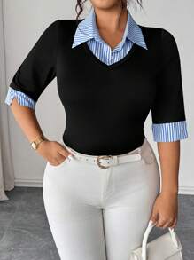 Elenzga 大码女式春夏拼色条纹二合一上衣