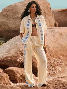 Poéselle 女式夏季海滩贝壳印花纽扣前短袖衬衫