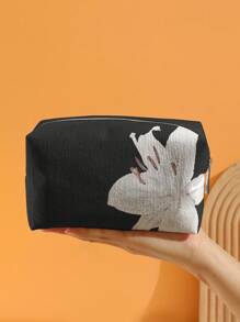 ROMWE Kawaii Black Background White Lily Flower Pattern Octagonal Velvet Cosmetic Bag - Multicolor - View 4