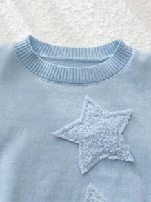 SHEIN Girls White Solid Fashionable Casual Minimalist Cute Star Embroidery Cardigan Sweater & Shorts 2-Piece Set, Comfortable, Suitable For Home, Outings, And School, Autumn/Winter Star Sweater For Girls Girls Winter Sweater Fall - Blue - View 3