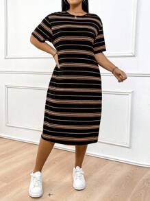 Solflare 女式大码黑白条纹修身短袖圆领连衣裙，夏季 - 棕色 - 查看 3