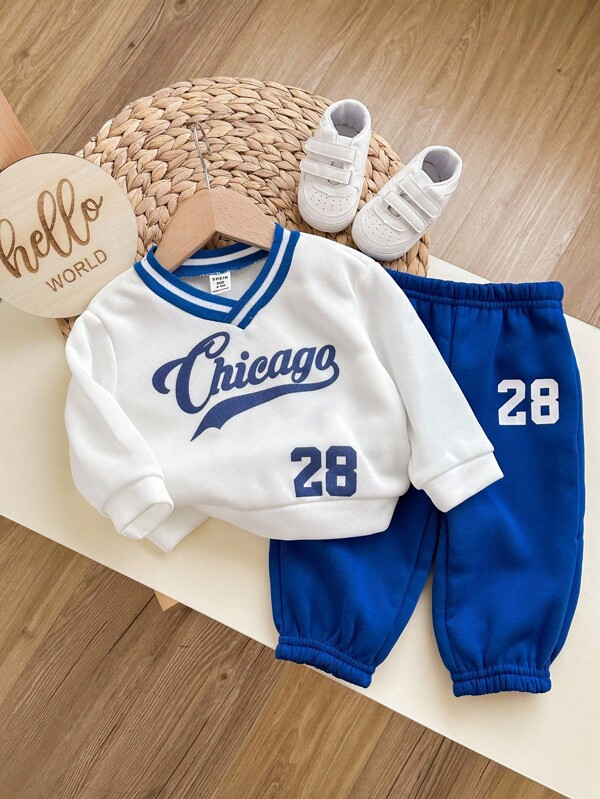 2pcs Baby/Toddler Boy/Girl Set: Fleece-Lined V-Neck Raglan Sweatshirt With Letter Print And Drawstring Hem Pants, Casual Sports Outfit, Suitable For Outdoor Activities And Keeping Warm In Autumn/Winter